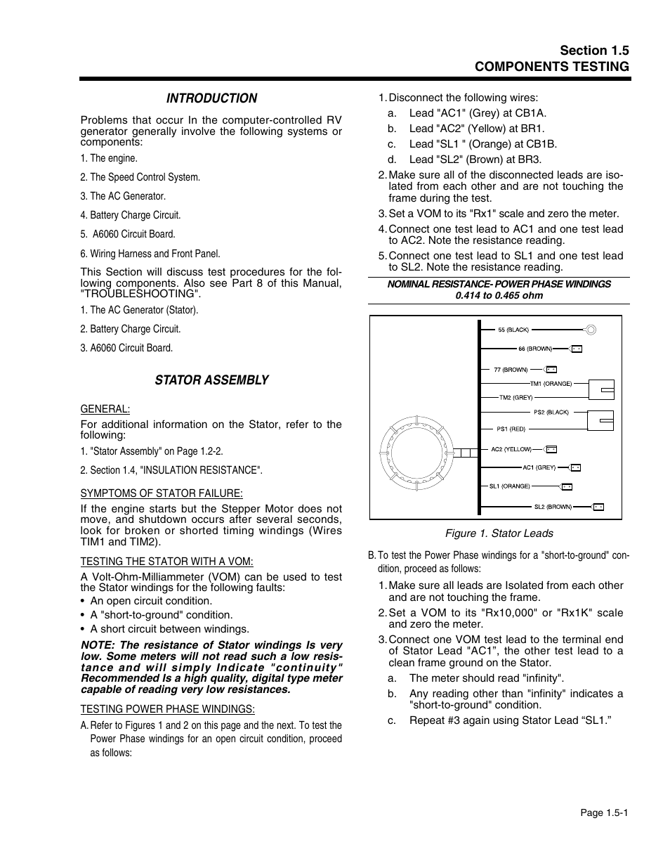 Section 1.5 - components testing, Introduction, Stator assembly | Generac Power Systems 941-2 User Manual | Page 23 / 144