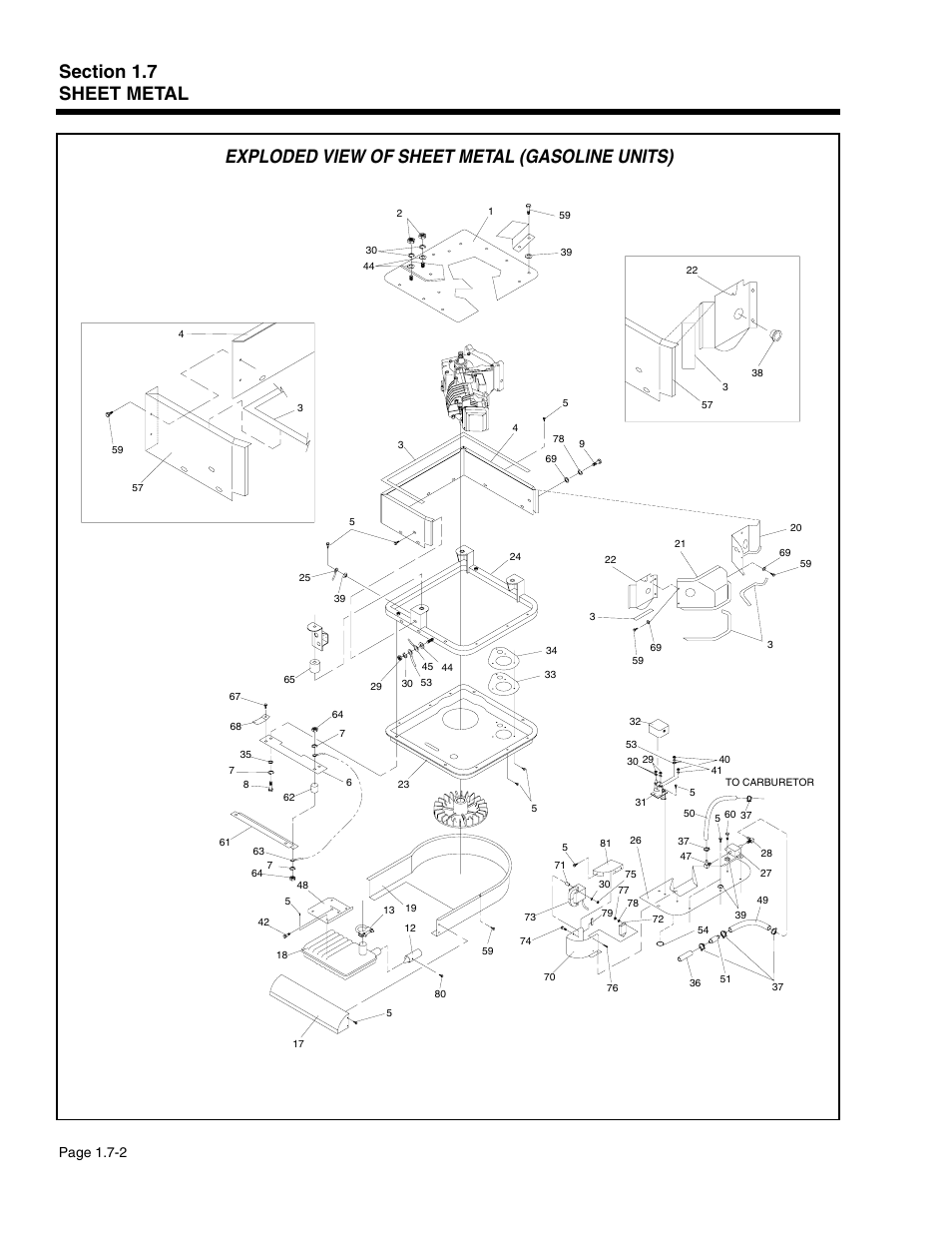 Exploded view of sheet metal (gasoline units), Page 1.7-2 | Generac Power Systems 941-2 User Manual | Page 30 / 144