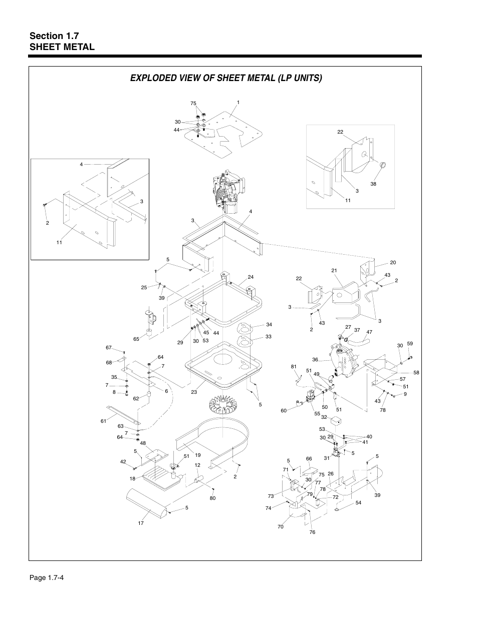 Exploded view of sheet metal (lp units), Page 1.7-4 | Generac Power Systems 941-2 User Manual | Page 32 / 144