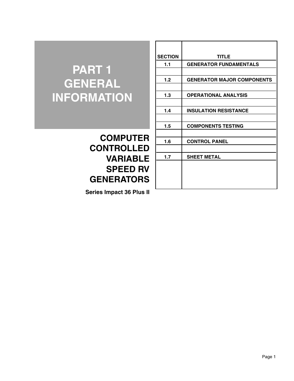 Part 1 - general information, Part 1 general information, Computer controlled variable speed rv generators | Generac Power Systems 941-2 User Manual | Page 5 / 144