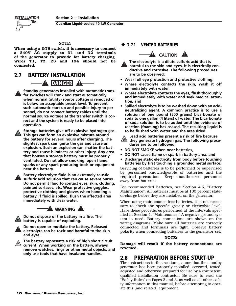 7 battery installation, 8 preparation before start-up, Danger | Generac Power Systems GUARDIAN 43733 User Manual | Page 12 / 64