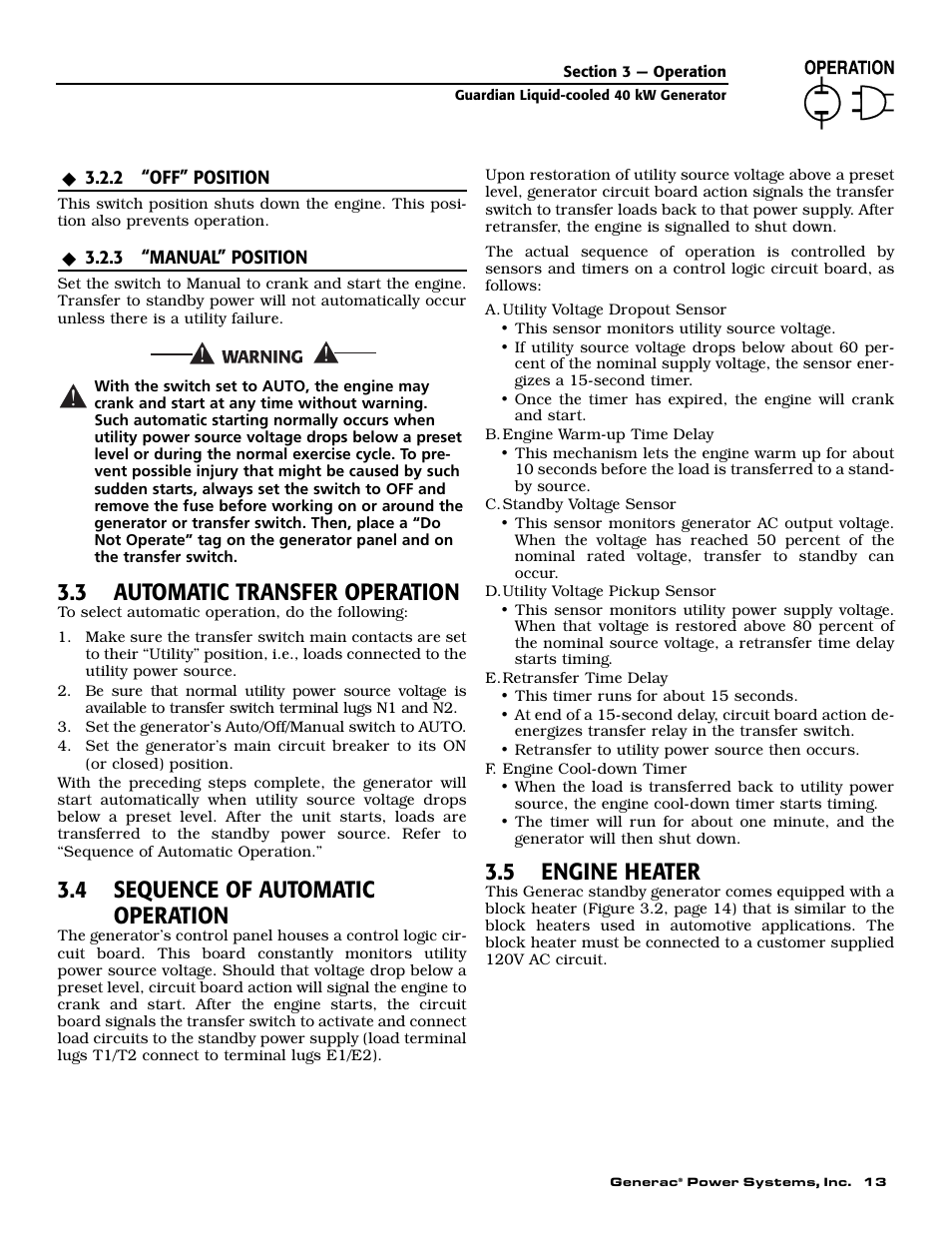 3 automatic transfer operation, 4 sequence of automatic operation, 5 engine heater | Generac Power Systems GUARDIAN 43733 User Manual | Page 15 / 64