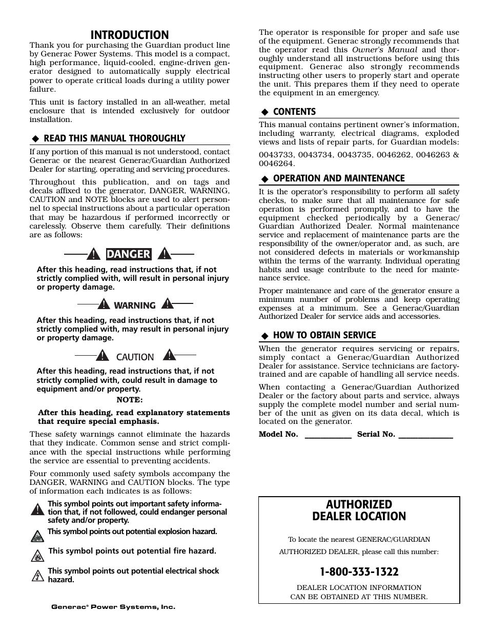 Introduction, Authorized dealer location, Danger | Generac Power Systems GUARDIAN 43733 User Manual | Page 2 / 64