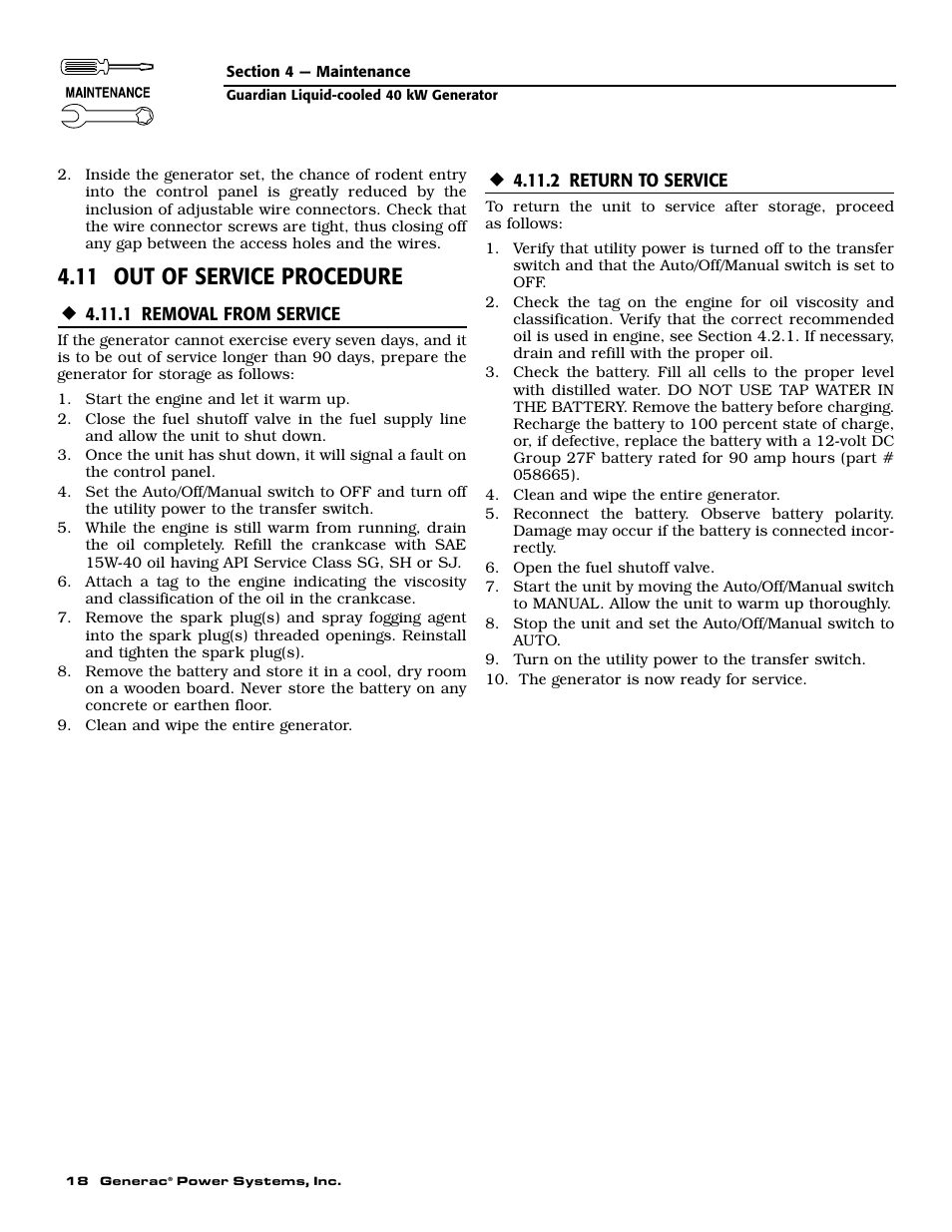 11 out of service procedure | Generac Power Systems GUARDIAN 43733 User Manual | Page 20 / 64