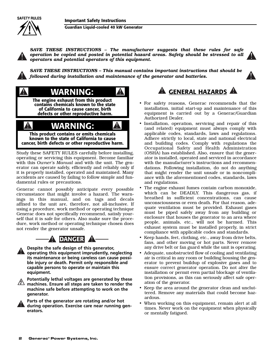 Warning | Generac Power Systems GUARDIAN 43733 User Manual | Page 4 / 64