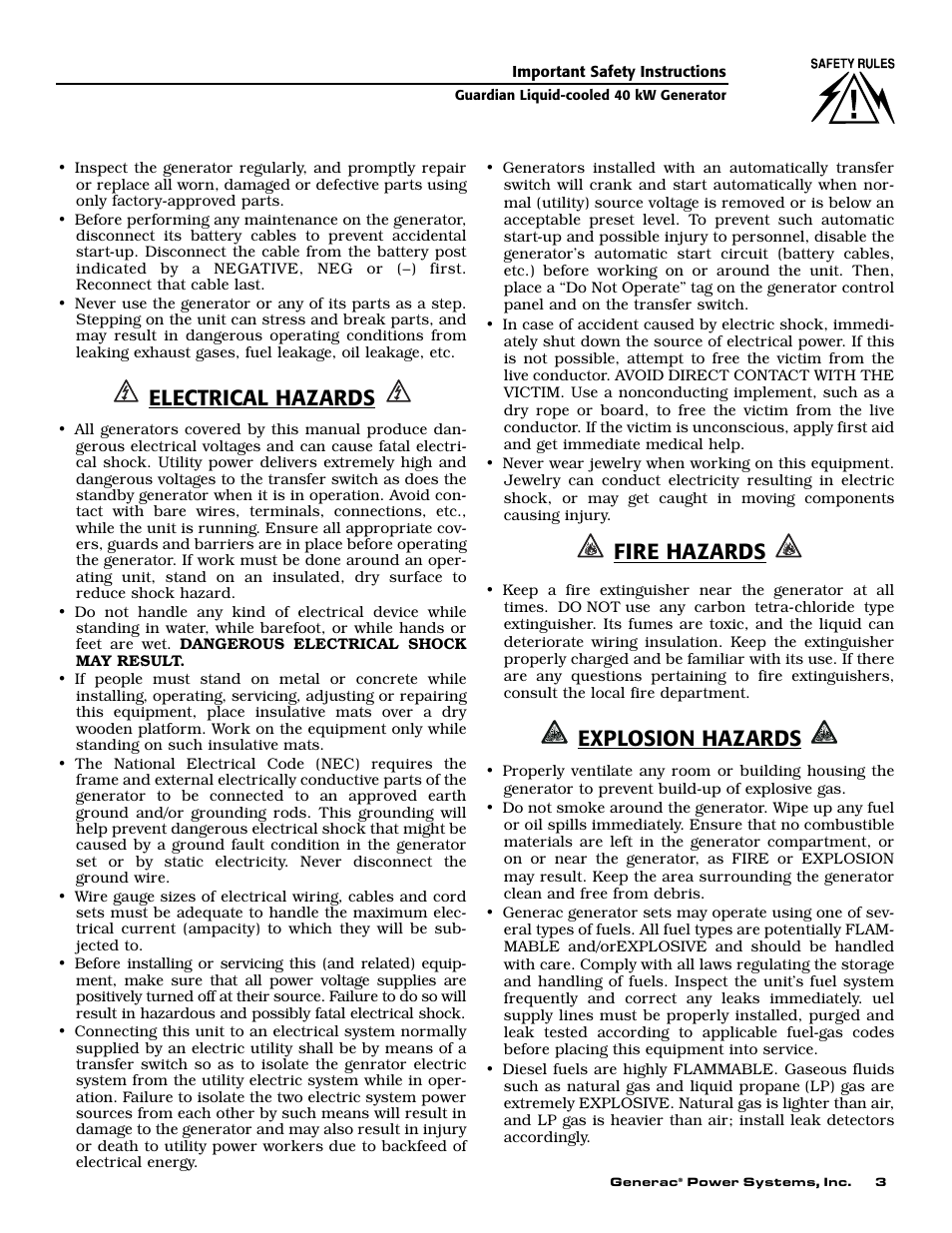 Electrical hazards, Fire hazards, Explosion hazards | Generac Power Systems GUARDIAN 43733 User Manual | Page 5 / 64