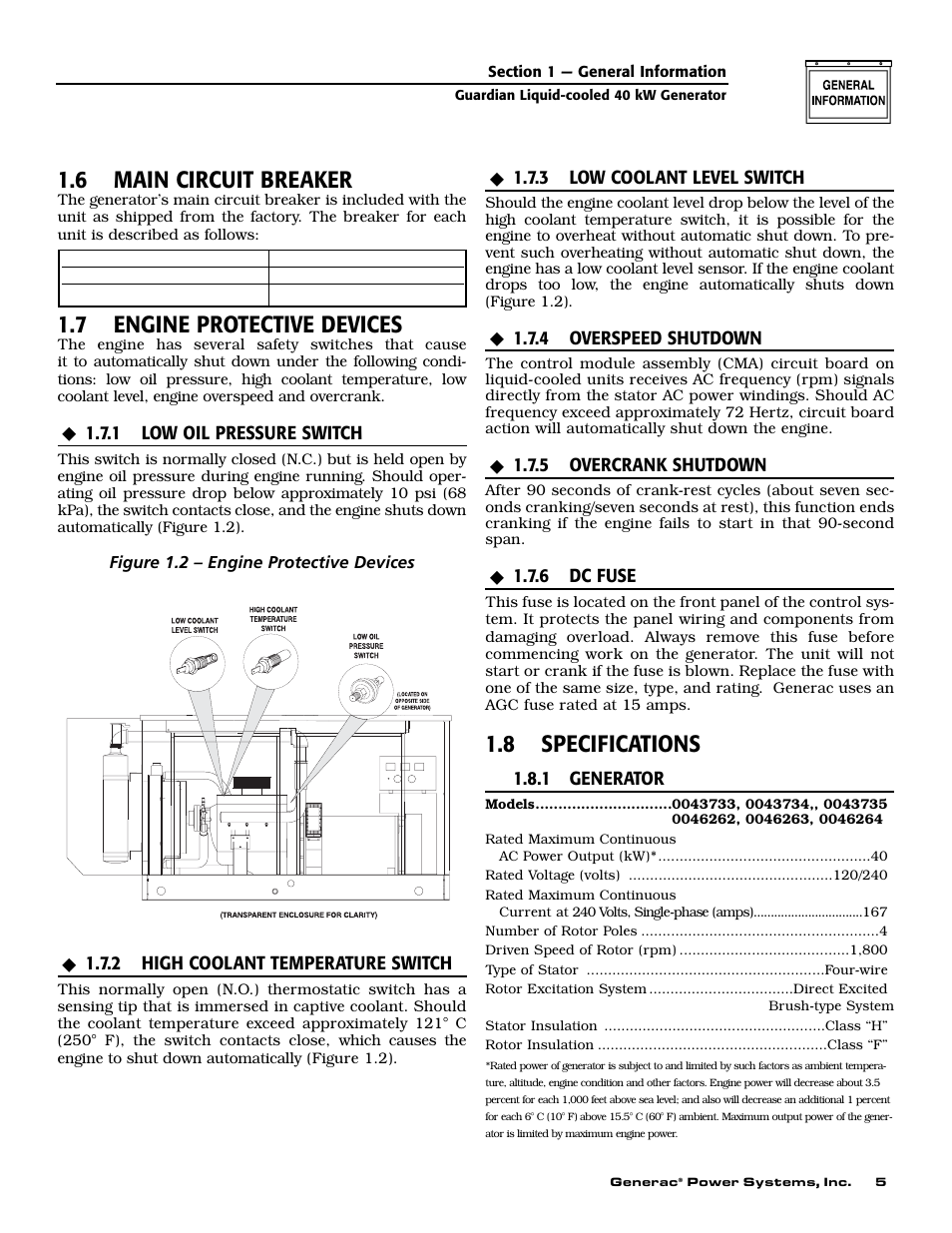 6 main circuit breaker, 7 engine protective devices, 8 specifications | Generac Power Systems GUARDIAN 43733 User Manual | Page 7 / 64
