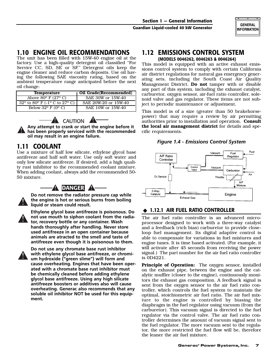 10 engine oil recommendations, 11 coolant, 12 emissions control system | Generac Power Systems GUARDIAN 43733 User Manual | Page 9 / 64
