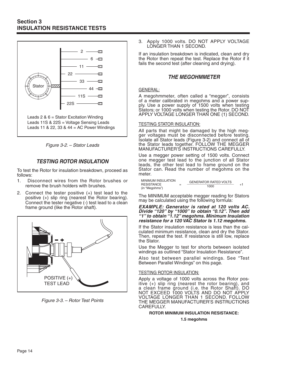 Testing rotor insulation, The megohmmeter | Generac Power Systems Recreational Vehicle Generator 5413 User Manual | Page 16 / 82