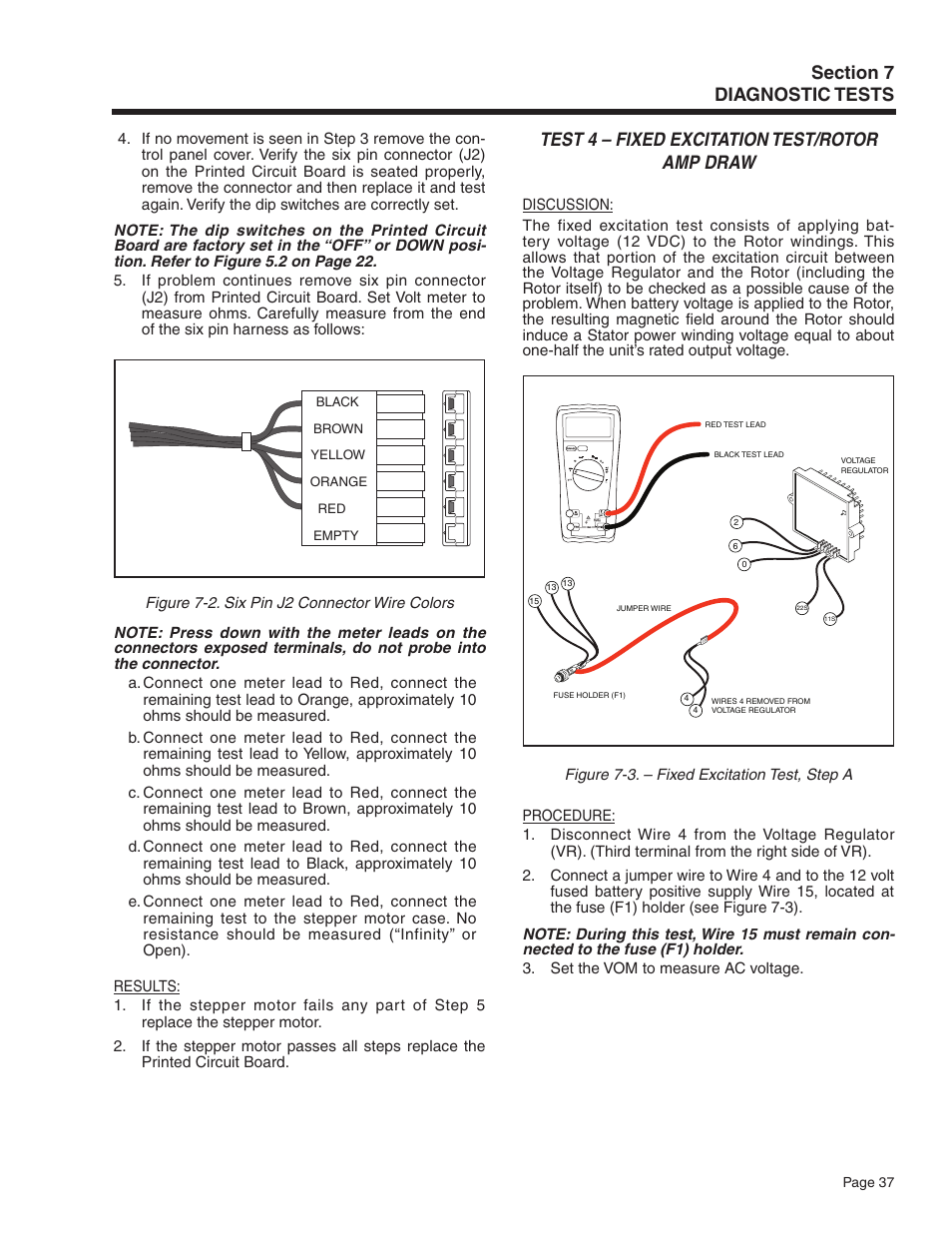 Test 4 – fixed excitation test/rotor amp draw | Generac Power Systems Recreational Vehicle Generator 5413 User Manual | Page 39 / 82