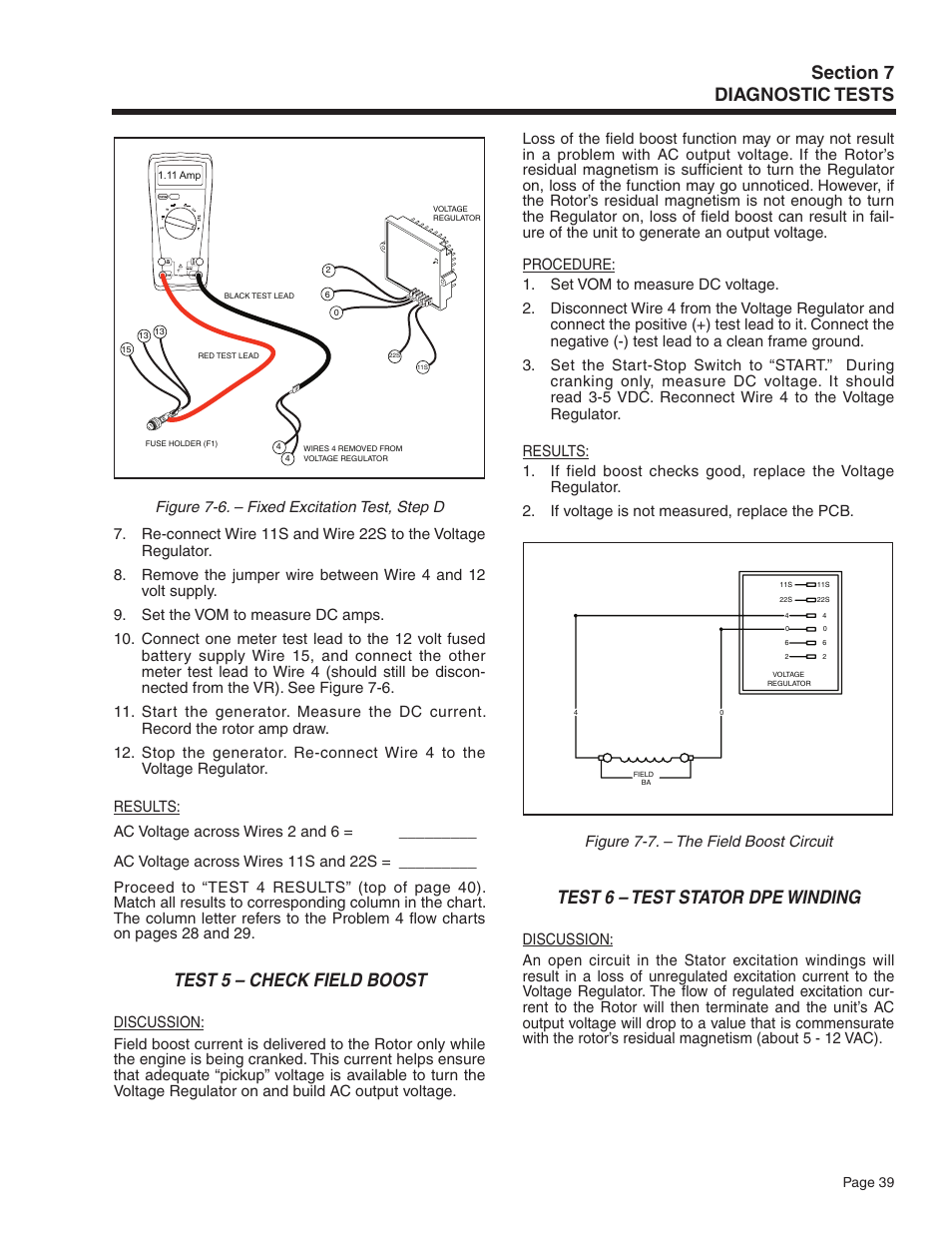 Test 5 – check field boost, Test 6 – test stator dpe winding | Generac Power Systems Recreational Vehicle Generator 5413 User Manual | Page 41 / 82