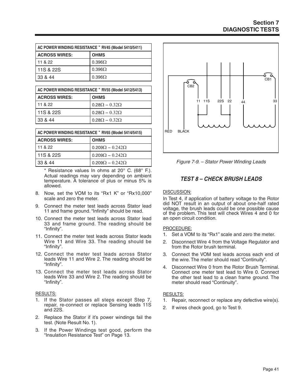Test 8 – check brush leads | Generac Power Systems Recreational Vehicle Generator 5413 User Manual | Page 43 / 82