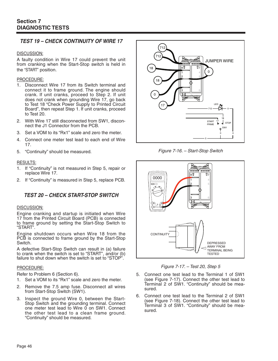 Test 19 – check continuity of wire 17, Test 20 – check start-stop switch | Generac Power Systems Recreational Vehicle Generator 5413 User Manual | Page 48 / 82