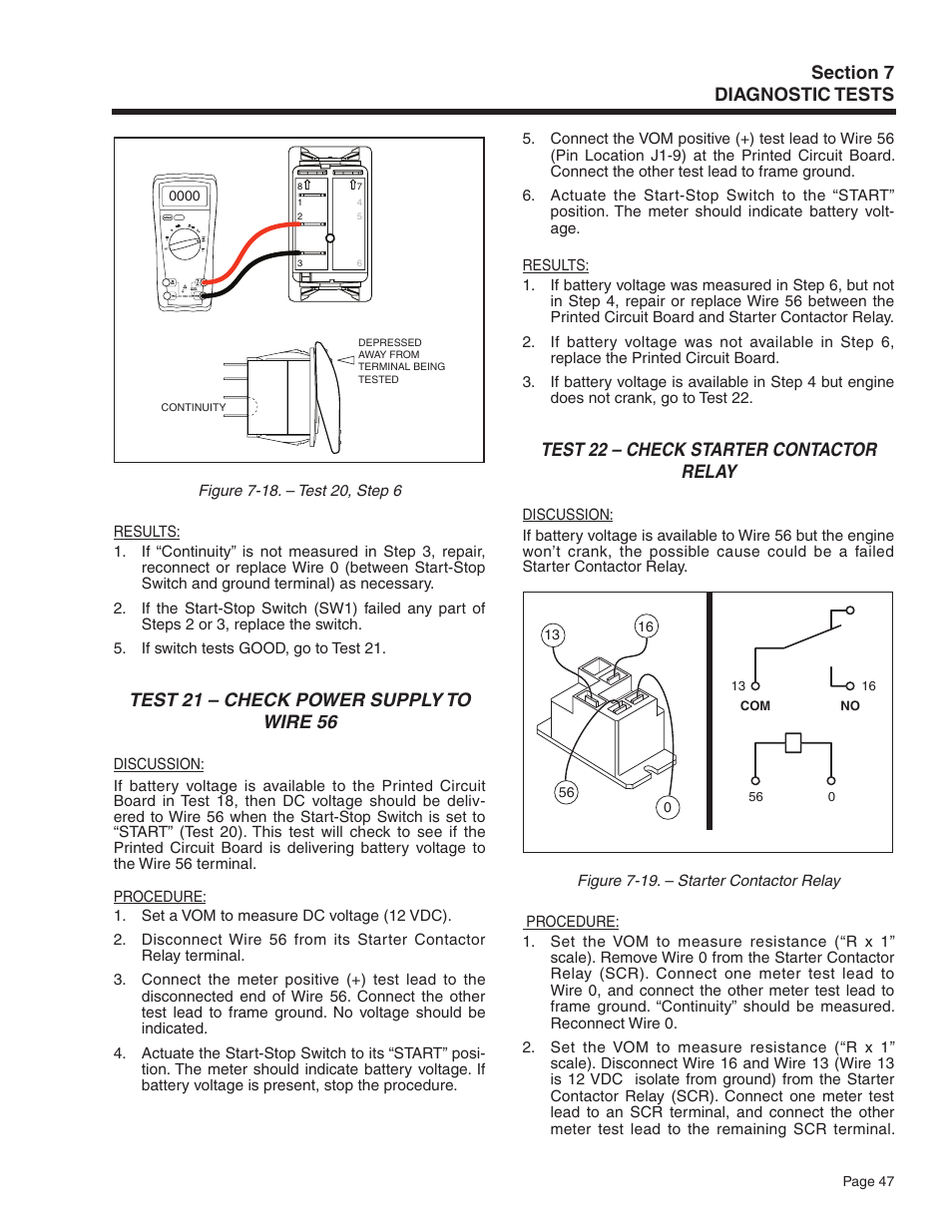 Test 21 – check power supply to wire 56, Test 22 – check starter contactor relay | Generac Power Systems Recreational Vehicle Generator 5413 User Manual | Page 49 / 82