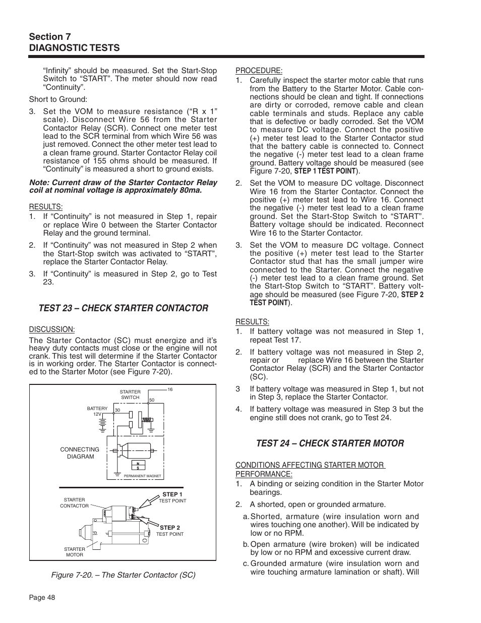 Test 23 – check starter contactor, Test 24 – check starter motor | Generac Power Systems Recreational Vehicle Generator 5413 User Manual | Page 50 / 82