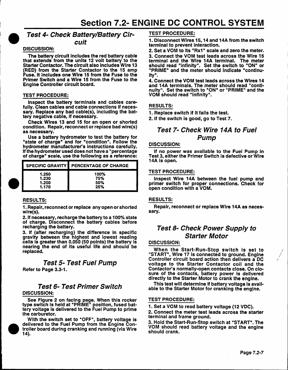 Test 4- check battery/battery circuit, Test 5- test fuei pump, Test 6- test primer switch | Test 7- check wire 14a to fuei pump, Test 8- check power suppiy to starter motor, Test, Check battery/battery cir­ cuit | Generac Power Systems NP-40G User Manual | Page 109 / 126