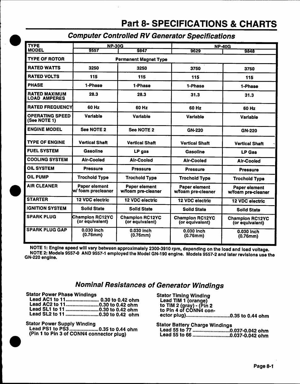 Computer controlled rv generator specifications, Nominal resistances of generator windings, Part 8- specifications & charts | Generac Power Systems NP-40G User Manual | Page 118 / 126