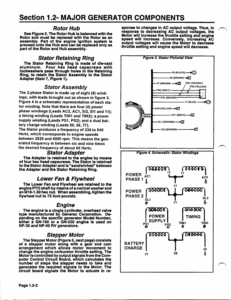 Rotor hub, Stator retaining ring, Stator assembly | Stator adapter, Lower fan & flywheel, Engine, Stepper motor | Generac Power Systems NP-40G User Manual | Page 12 / 126