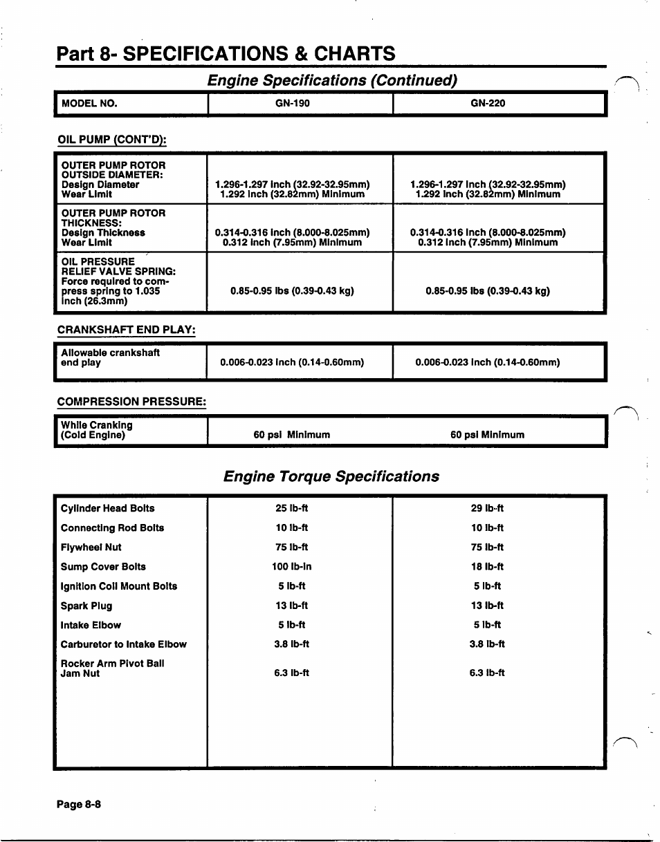 Engine torque specifications, Part 8- specifications & charts, Engine specifications (continued) | Generac Power Systems NP-40G User Manual | Page 125 / 126