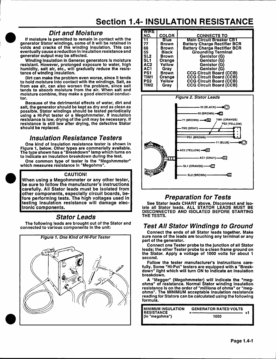 Dirt and moisture, Insuiation resistance testers, Stator leads | Preparation for tests, Test aii stator windings to ground | Generac Power Systems NP-40G User Manual | Page 17 / 126