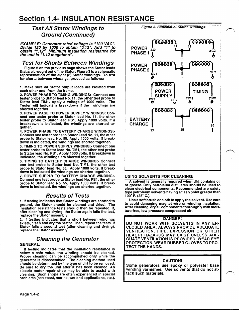 Test all stator windings to ground (continued), Test for shorts between windings, Results of tests | Cleaning the generator | Generac Power Systems NP-40G User Manual | Page 18 / 126