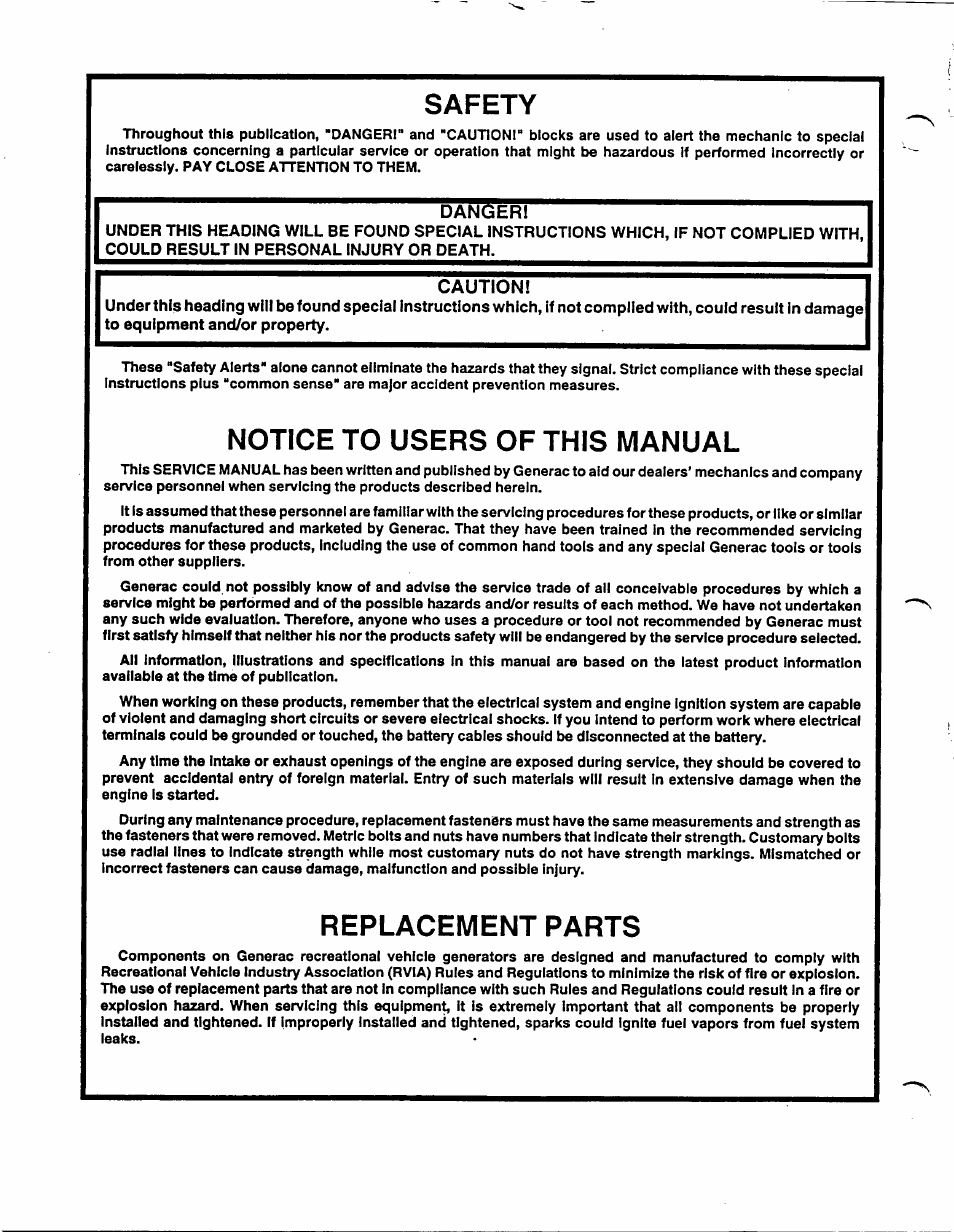 Safety, Notice to users of this manual, Replacement parts | Generac Power Systems NP-40G User Manual | Page 2 / 126