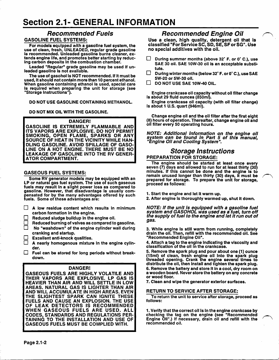 Recommended fuels, Recommended engine oil, Storage instructions | Generac Power Systems NP-40G User Manual | Page 35 / 126