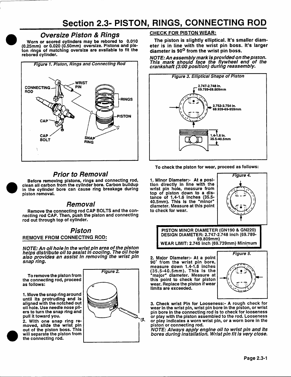 Section 2.3- piston, rings, connecting rod, Oversize piston & rings, Prior to removai | Removai, Piston | Generac Power Systems NP-40G User Manual | Page 44 / 126