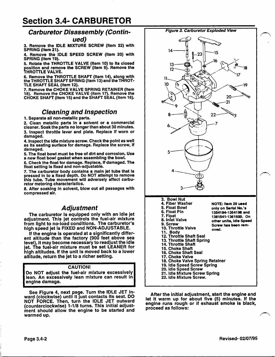 Carburetor disassembly (continued), Cleaning and inspection, Adjustment | Carburetor disassembly (contin­ ued) | Generac Power Systems NP-40G User Manual | Page 60 / 126