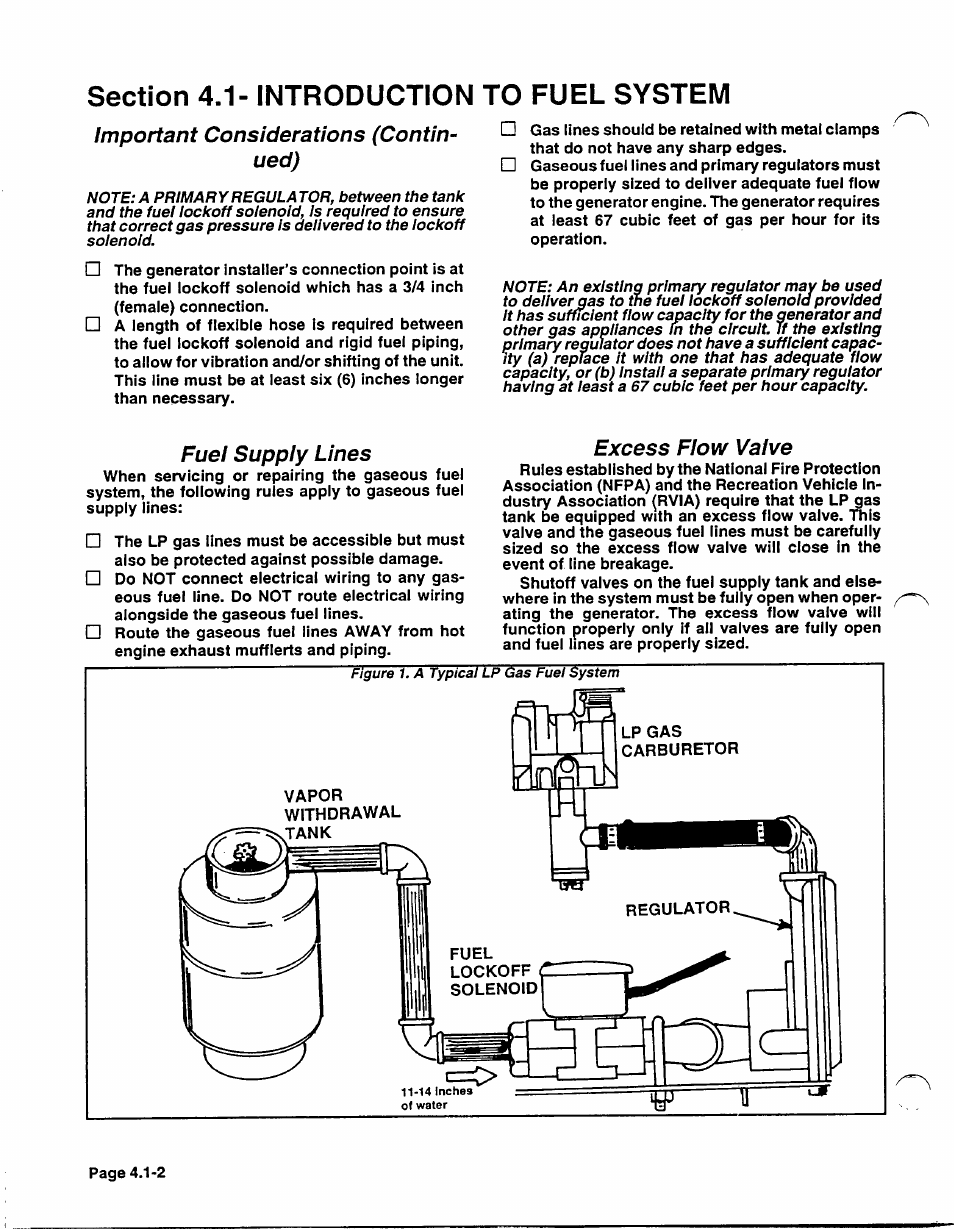 Important considerations (continued), Fuei suppiy lines, Excess fiow vaive | Important considerations (contin­ ued) | Generac Power Systems NP-40G User Manual | Page 69 / 126