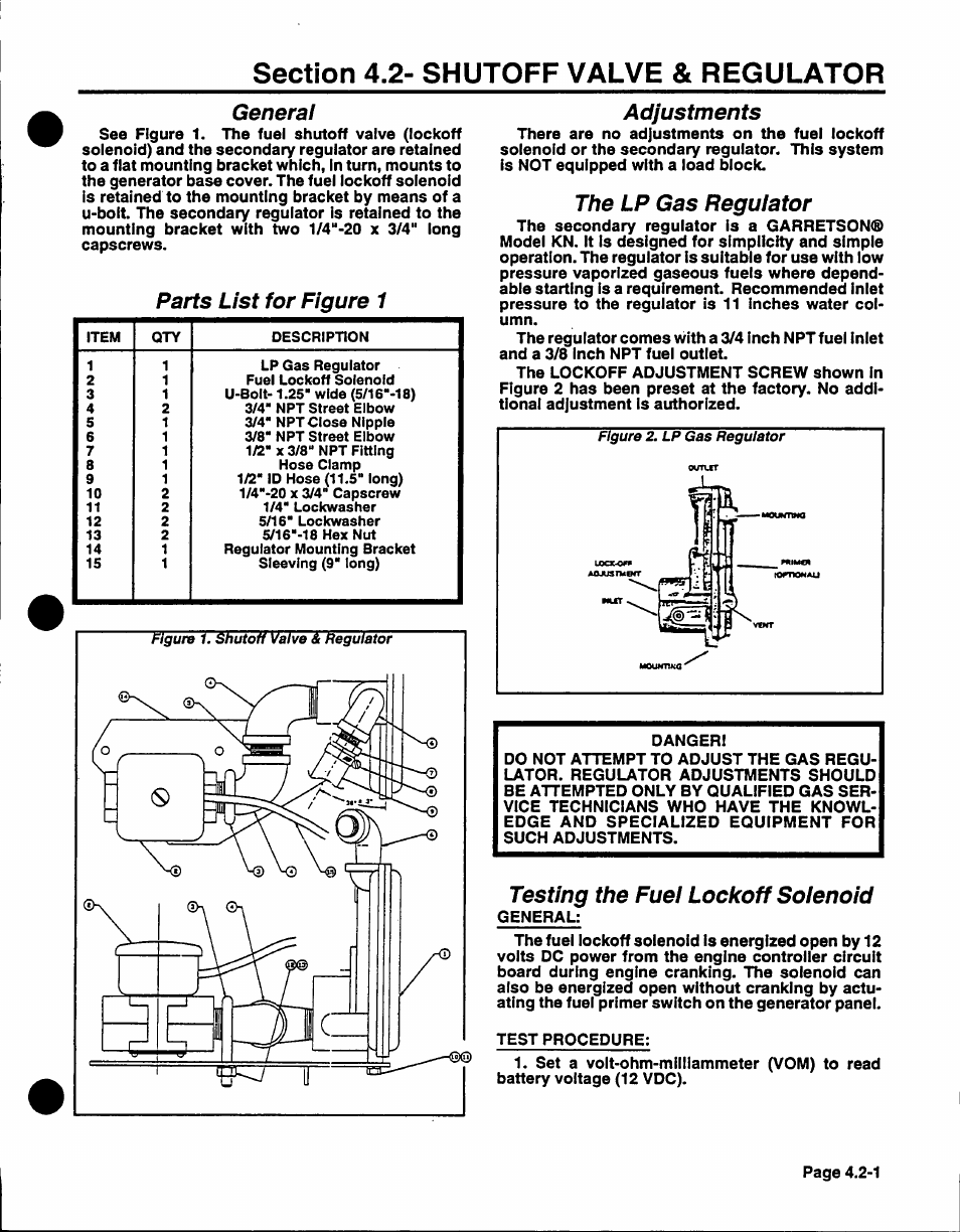 General, Parts list for figure 1, Adjustments | The lp gas regulator, Testing the fuel lockoff solenoid | Generac Power Systems NP-40G User Manual | Page 72 / 126