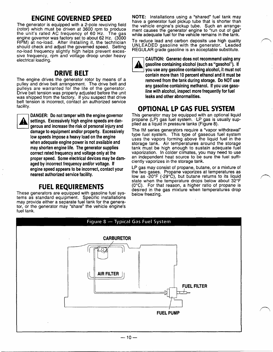 Engine governed speed, Drive belt, Fuel requirements | Optional lp gas fuel system, Drive belt fuel requirements | Generac Power Systems A-2624 User Manual | Page 10 / 28