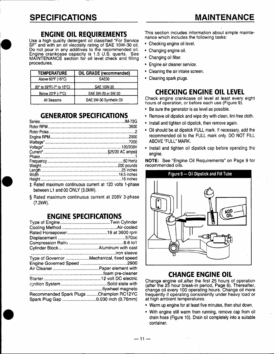 Specifications, Specifications maintenance, Engine oil requirements | Generator specifications, Engine specifications, Checking engine oil level, Change engine oil | Generac Power Systems A-2624 User Manual | Page 11 / 28