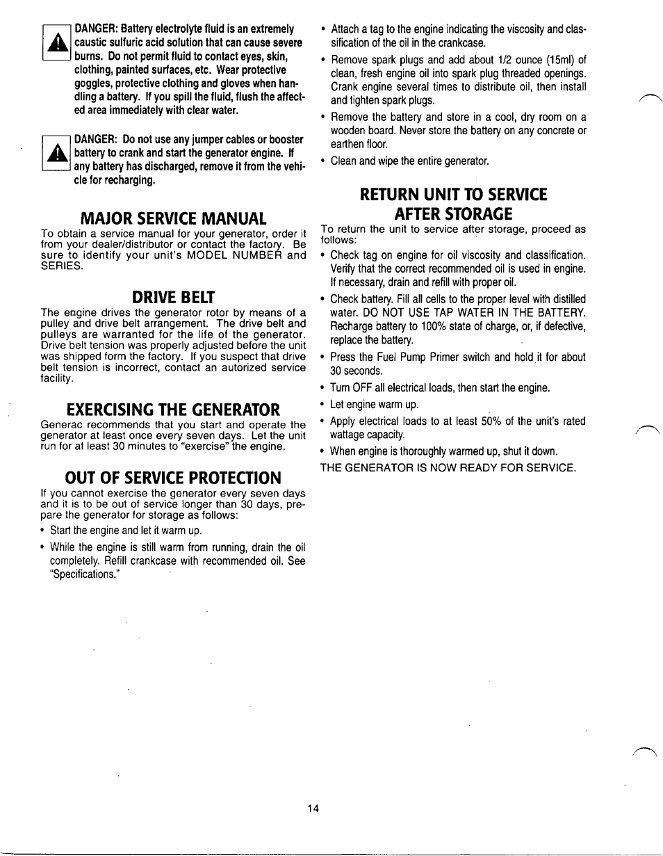 Major service manual, Drive belt, Exercising the generator | Out of service protection, Return unit to service after storage, Drive belt exercising the generator, Return the unit to service after storage | Generac Power Systems A-2624 User Manual | Page 14 / 28