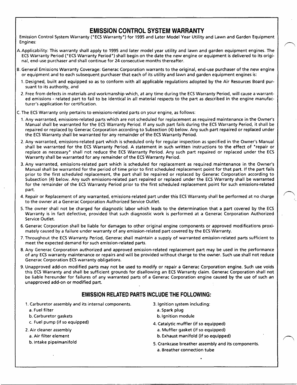 Emission control system warranty | Generac Power Systems A-2624 User Manual | Page 2 / 28