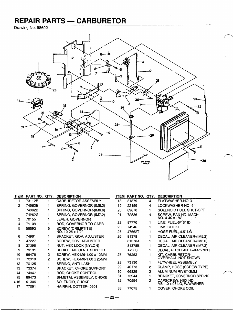 Repair parts — carburetor | Generac Power Systems A-2624 User Manual | Page 22 / 28