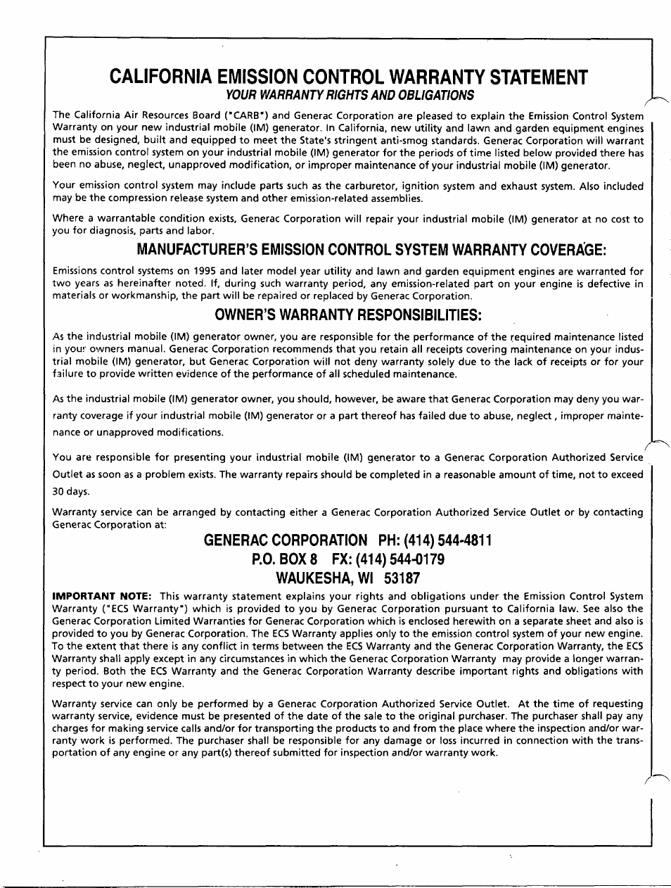 California emission control warranty statement, Owner’s warranty responsibilities | Generac Power Systems A-2624 User Manual | Page 26 / 28