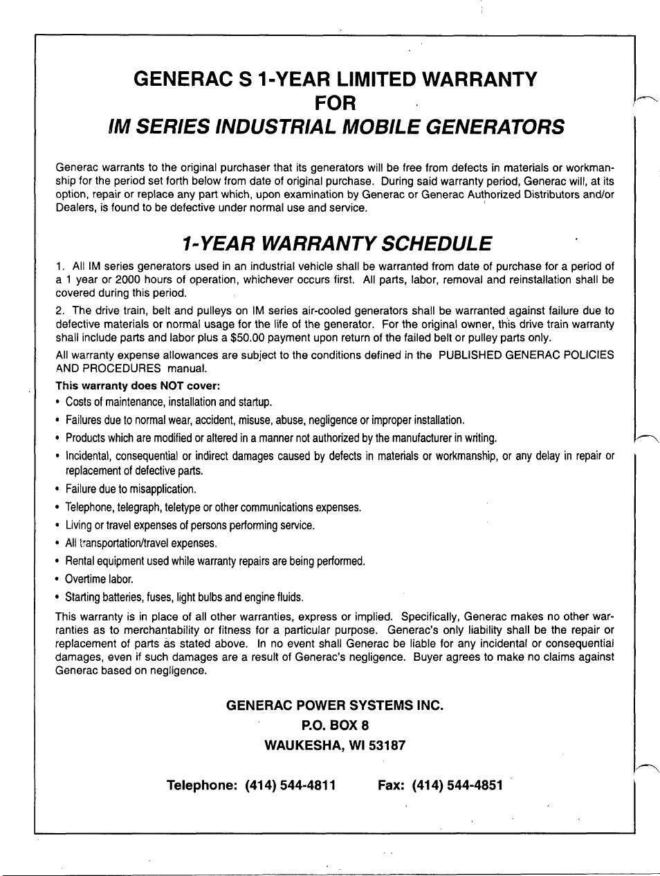 Generac s 1-year limited warranty, Generac s 1-year limited warranty for, Im series industrial mobile generators | Year warranty schedule | Generac Power Systems A-2624 User Manual | Page 28 / 28