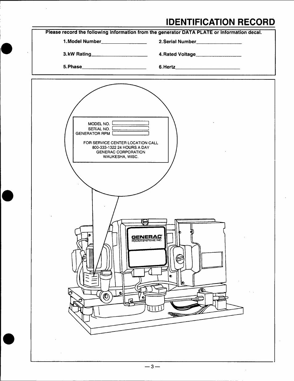 Identification record | Generac Power Systems A-2624 User Manual | Page 3 / 28