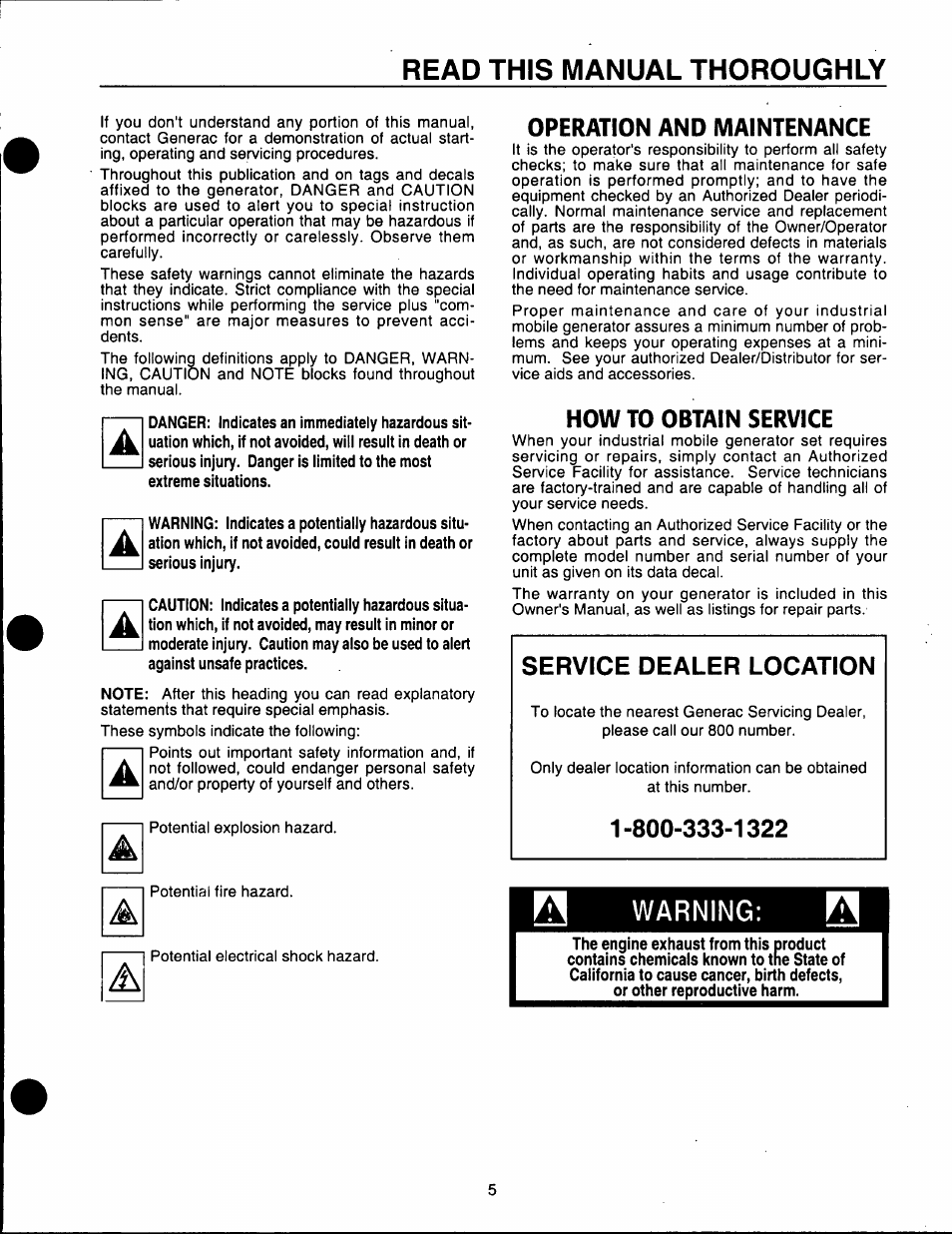 Read this manual thoroughly, Operation and maintenance, How to obtain service | Warning, Service dealer location | Generac Power Systems A-2624 User Manual | Page 5 / 28