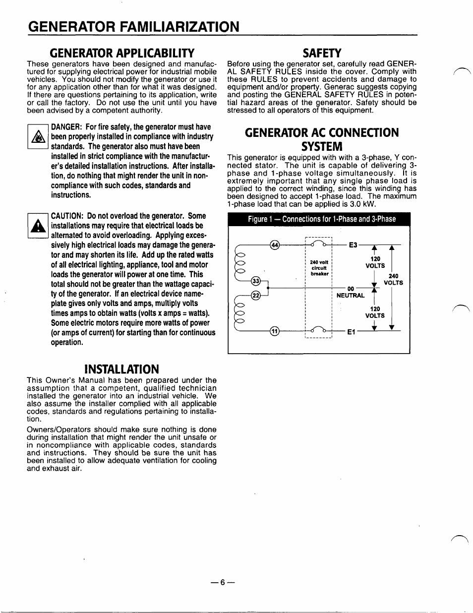 Generator familiarization, Generator applicability, Installation | Safety, Generator ac conneaion system, Installation safety, Generator ac connection system | Generac Power Systems A-2624 User Manual | Page 6 / 28