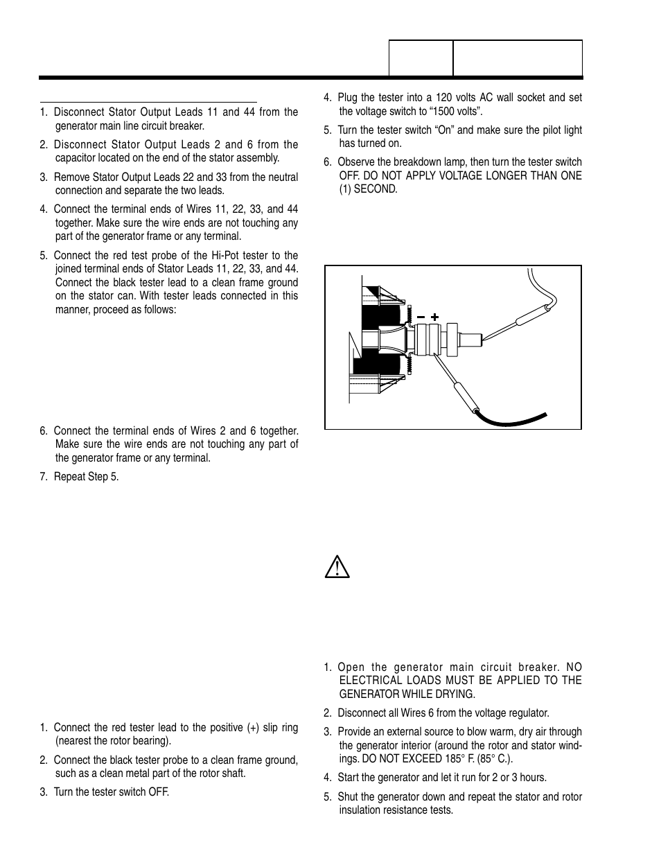 Rotor insulation resistance test (8-10 kw), Rotor insulation resistance test (12-20 kw), Cleaning the generator | Drying the generator | Generac Power Systems 8 kW LP User Manual | Page 26 / 192