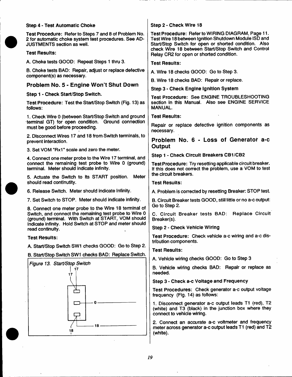 Problem no. 5 - engine won’t shut down, Problem no. 6 - loss of generator a-c output | Generac Power Systems IM Series User Manual | Page 21 / 36