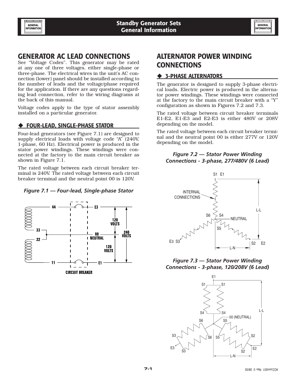 Generator ac lead connections, Alternator power winding connections, Four-lead, single-phase stator | Phase alternators, Standby generator sets general information | Generac Power Systems 005220-0 User Manual | Page 12 / 60