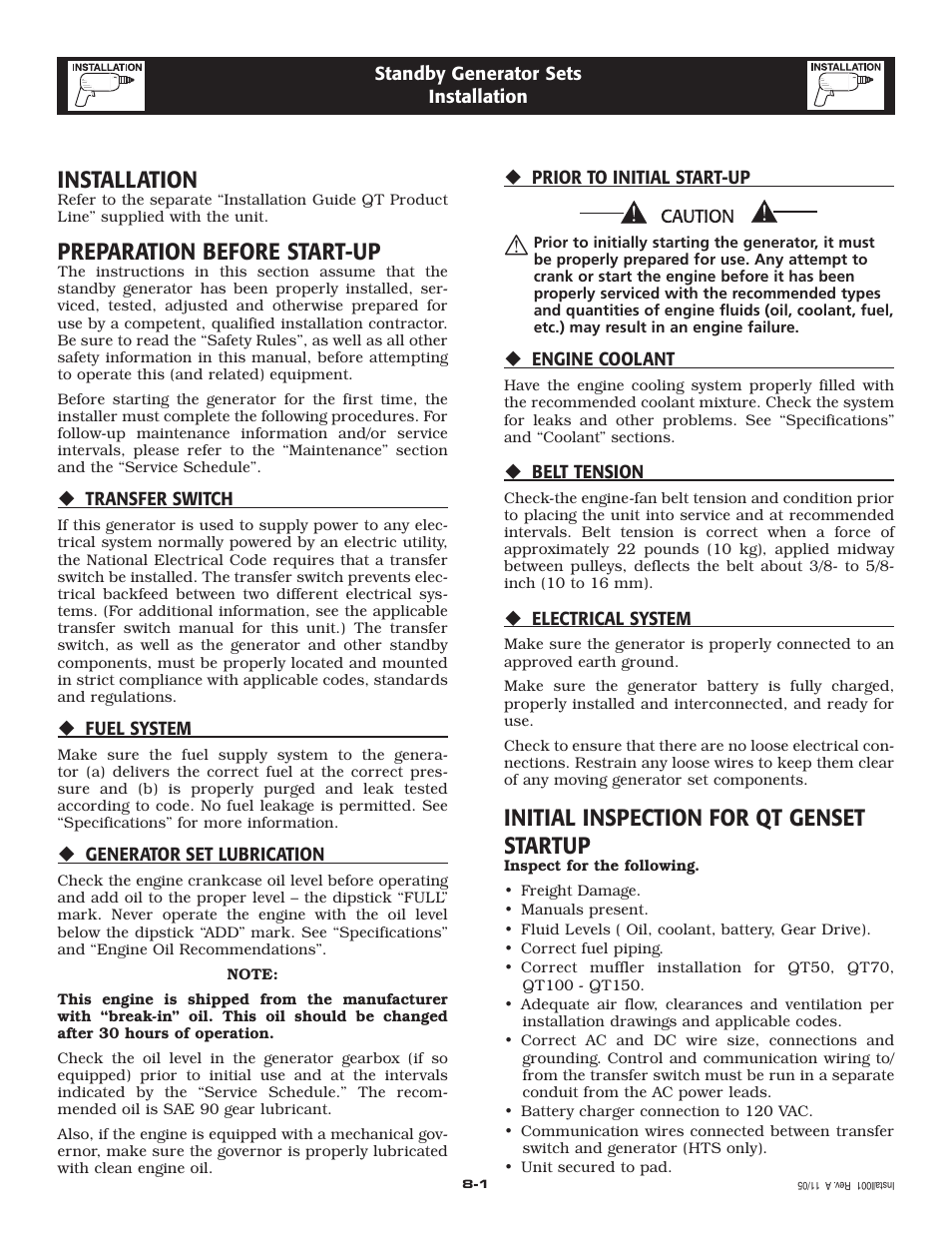 Installation, Preparation before start-up, Initial inspection for qt genset startup | Generac Power Systems 005220-0 User Manual | Page 13 / 60