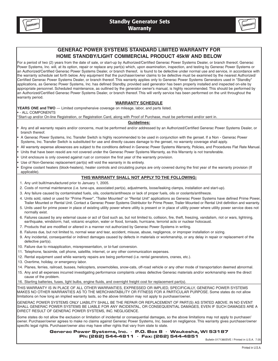 Standby generator sets warranty | Generac Power Systems 005220-0 User Manual | Page 60 / 60