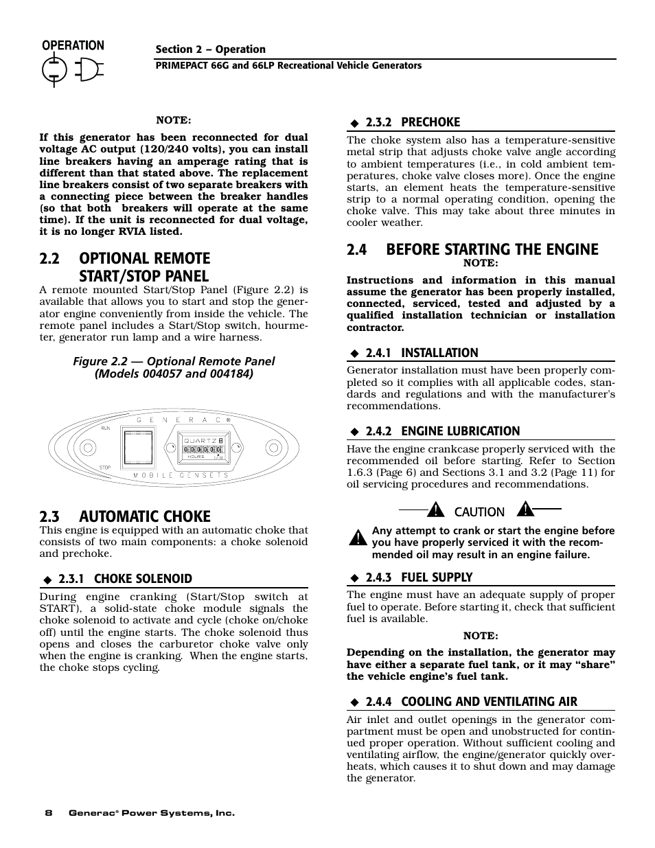 2 optional remote start/stop panel, 3 automatic choke, 4 before starting the engine | Generac Power Systems 009600-5 User Manual | Page 10 / 60
