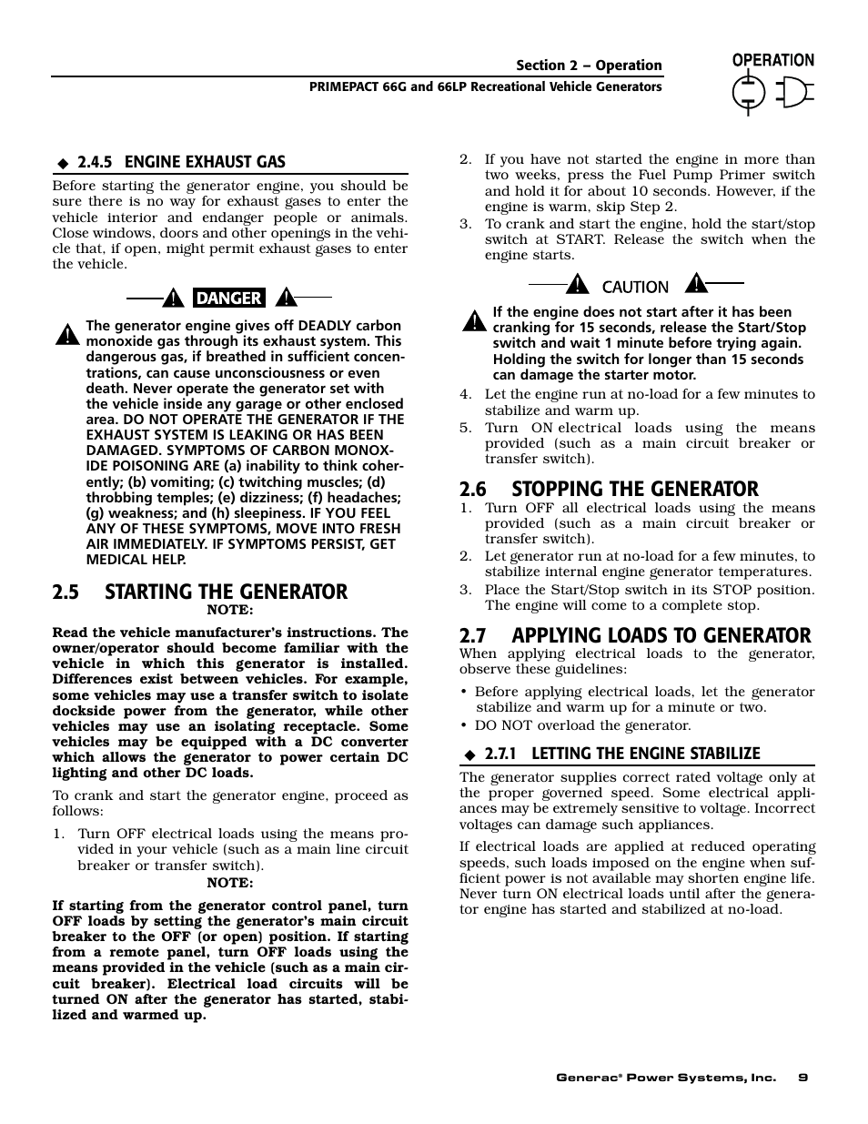 5 starting the generator, 6 stopping the generator, 7 applying loads to generator | Generac Power Systems 009600-5 User Manual | Page 11 / 60