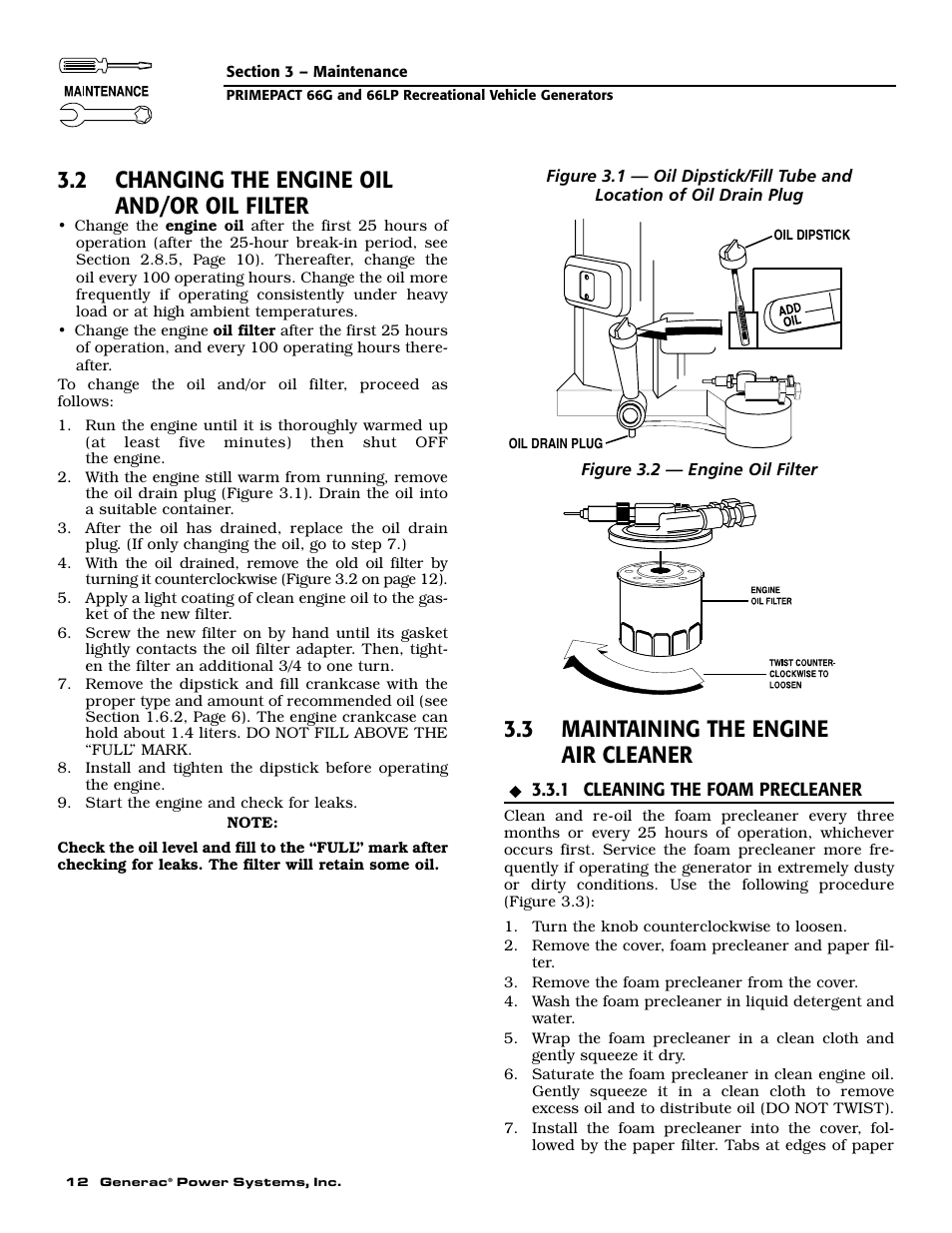 2 changing the engine oil and/or oil filter, 3 maintaining the engine air cleaner | Generac Power Systems 009600-5 User Manual | Page 14 / 60