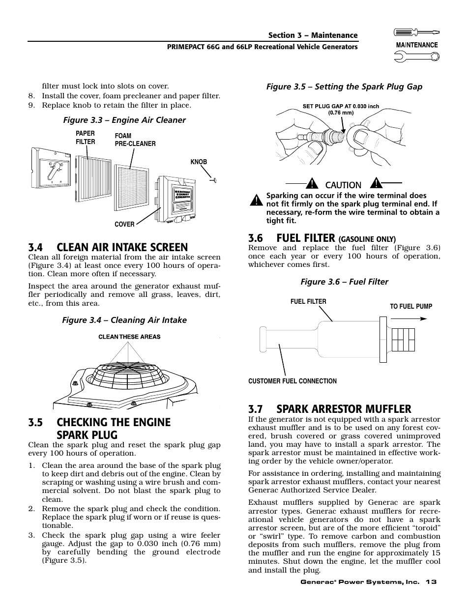 4 clean air intake screen, 5 checking the engine spark plug, 6 fuel filter | 7 spark arrestor muffler | Generac Power Systems 009600-5 User Manual | Page 15 / 60